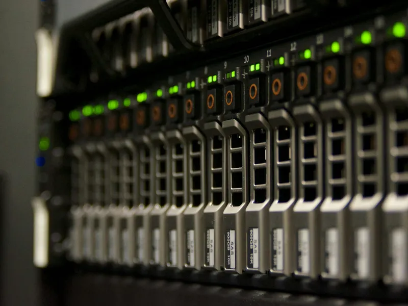 Server rack with status lights in a data center