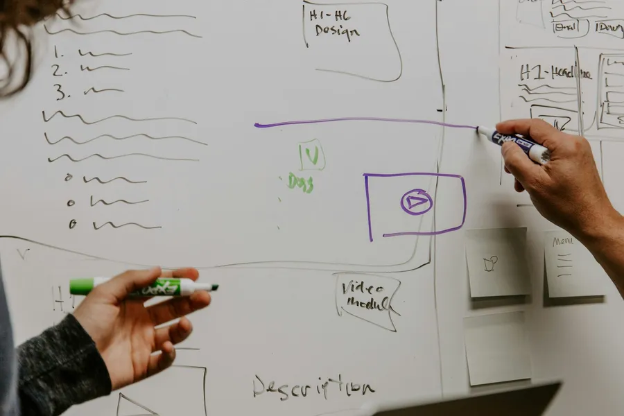 Two people sketching a website layout on a whiteboard